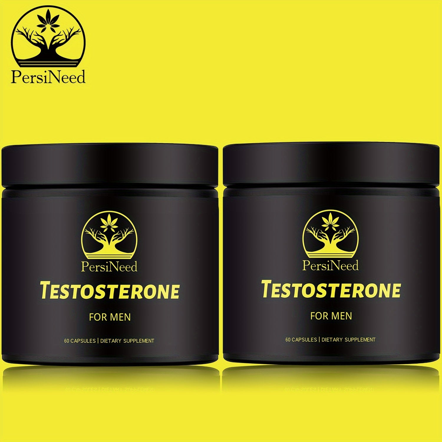 Two jars of PersiNeed Testosterone for Men supplement on a yellow background