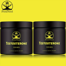 Two jars of PersiNeed Testosterone for Men supplement on a yellow background