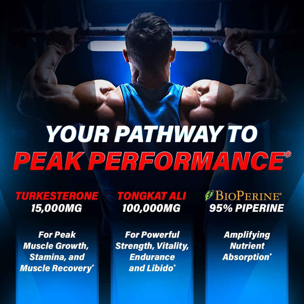 Turkesterone 15,000mg [Max Potency] + BioPerine® for High Absorption Supplement with Tongkat Ali - Increase Lean Muscle Growth & Recovery, Drive & Stamina - USA Made & Non GMO - 120 V Capsules