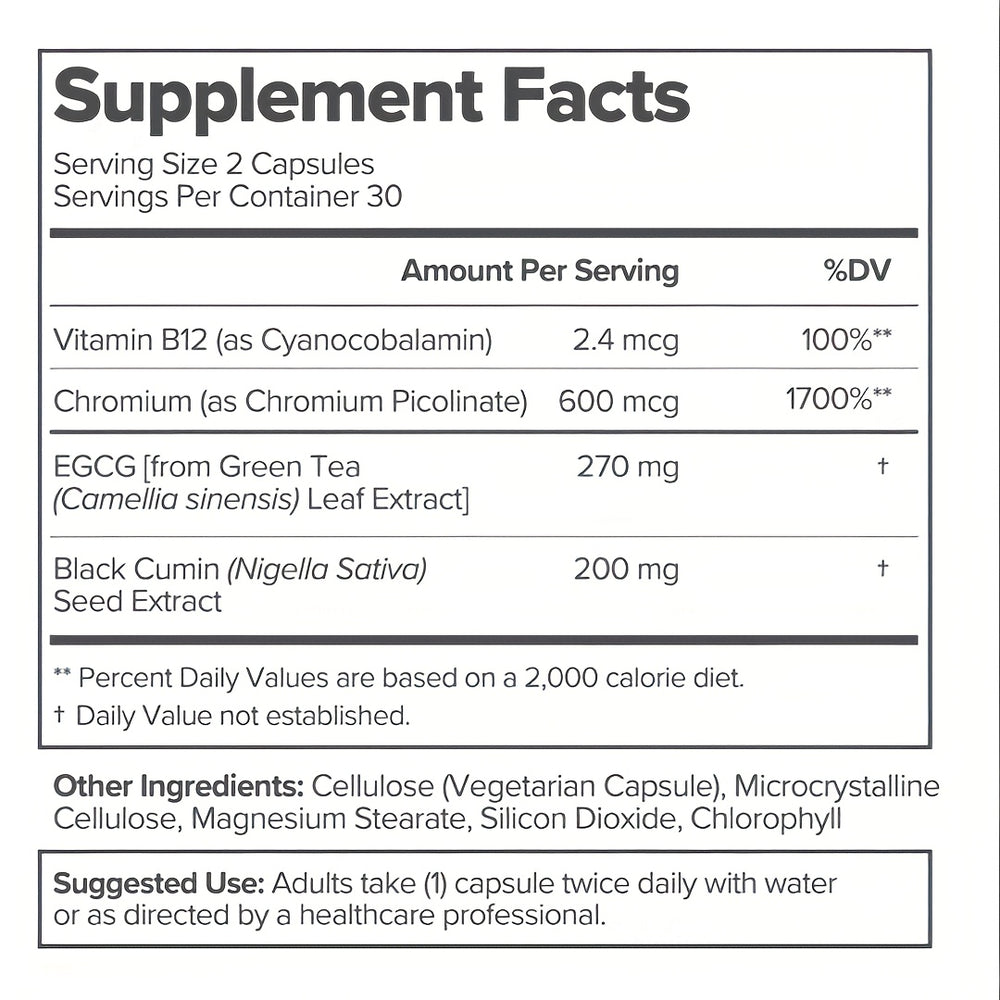 Moto Metabolism Support Capsules – Green Tea Extract, Chromium & Black Cumin Seed for Energy & Blood Sugar | 60 Veggie Capsules (30 Servings) | Plant-Based, Non-GMO