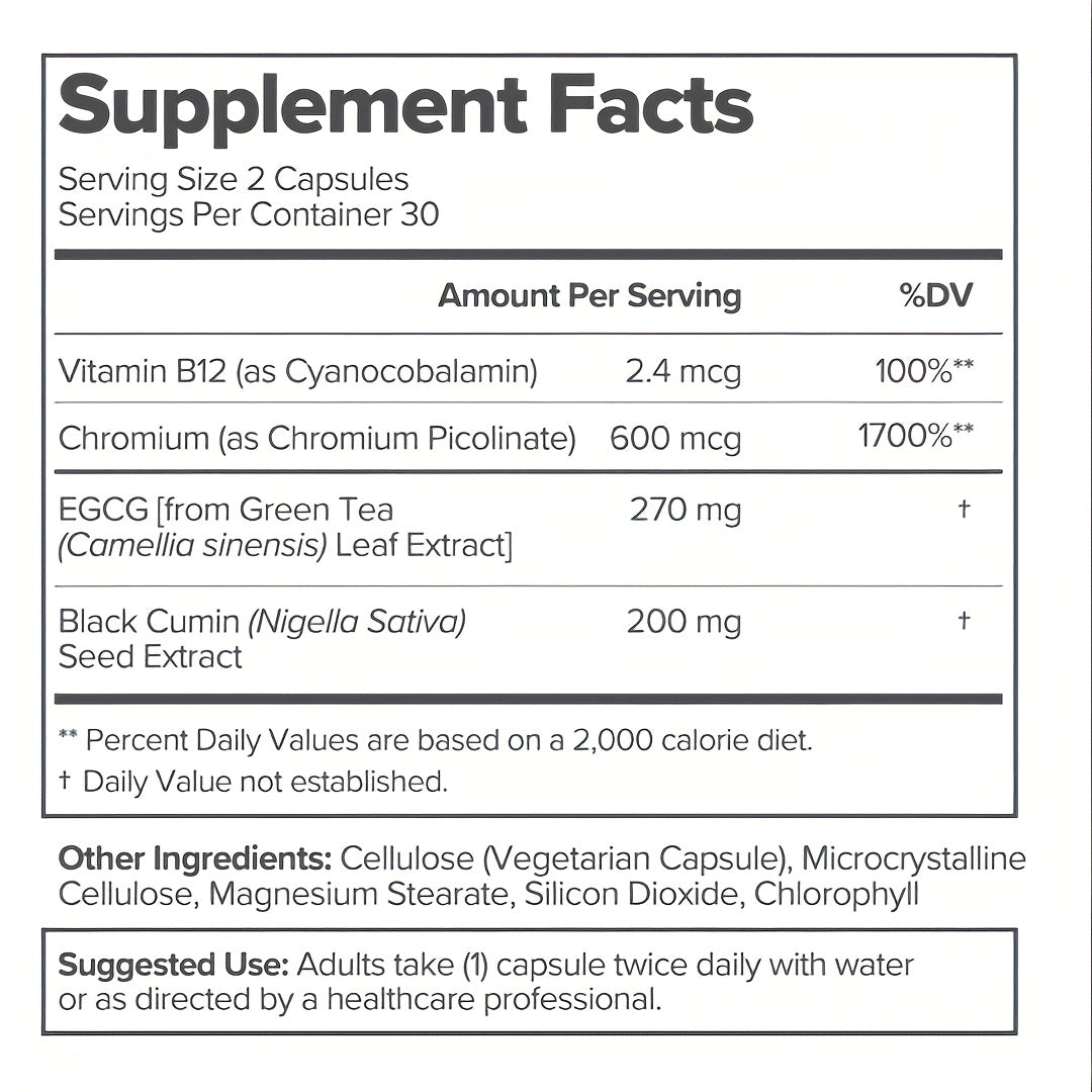 Supplement facts label with detailed nutritional information on a white background