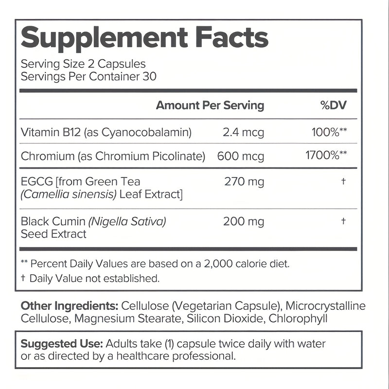 Moto Metabolism Support Capsules – Green Tea Extract, Chromium & Black Cumin Seed for Energy & Blood Sugar | 60 Veggie Capsules (30 Servings) | Plant-Based, Non-GMO