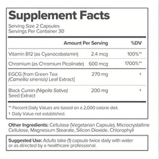 Supplement facts label with detailed nutritional information on a white background