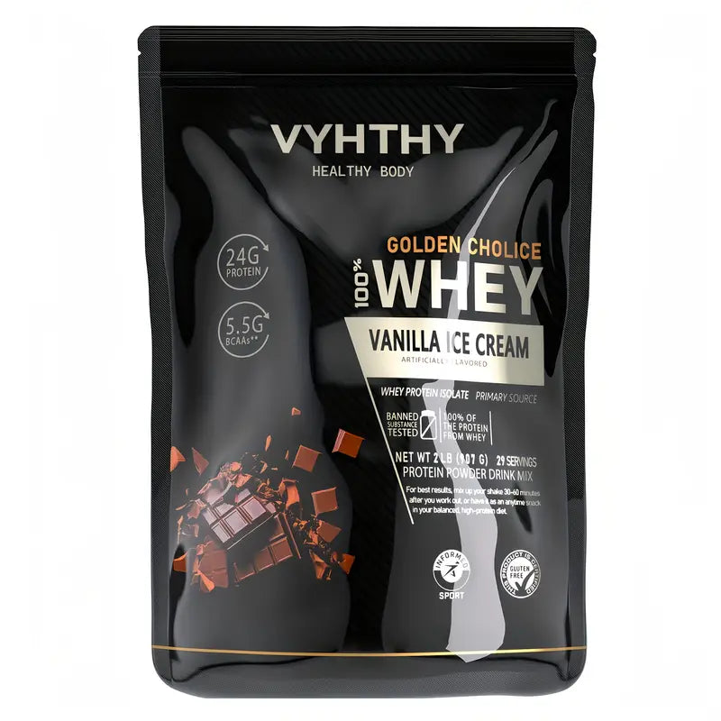 VYHTHY 100% Whey Vanilla Ice Cream protein powder package on a white background
