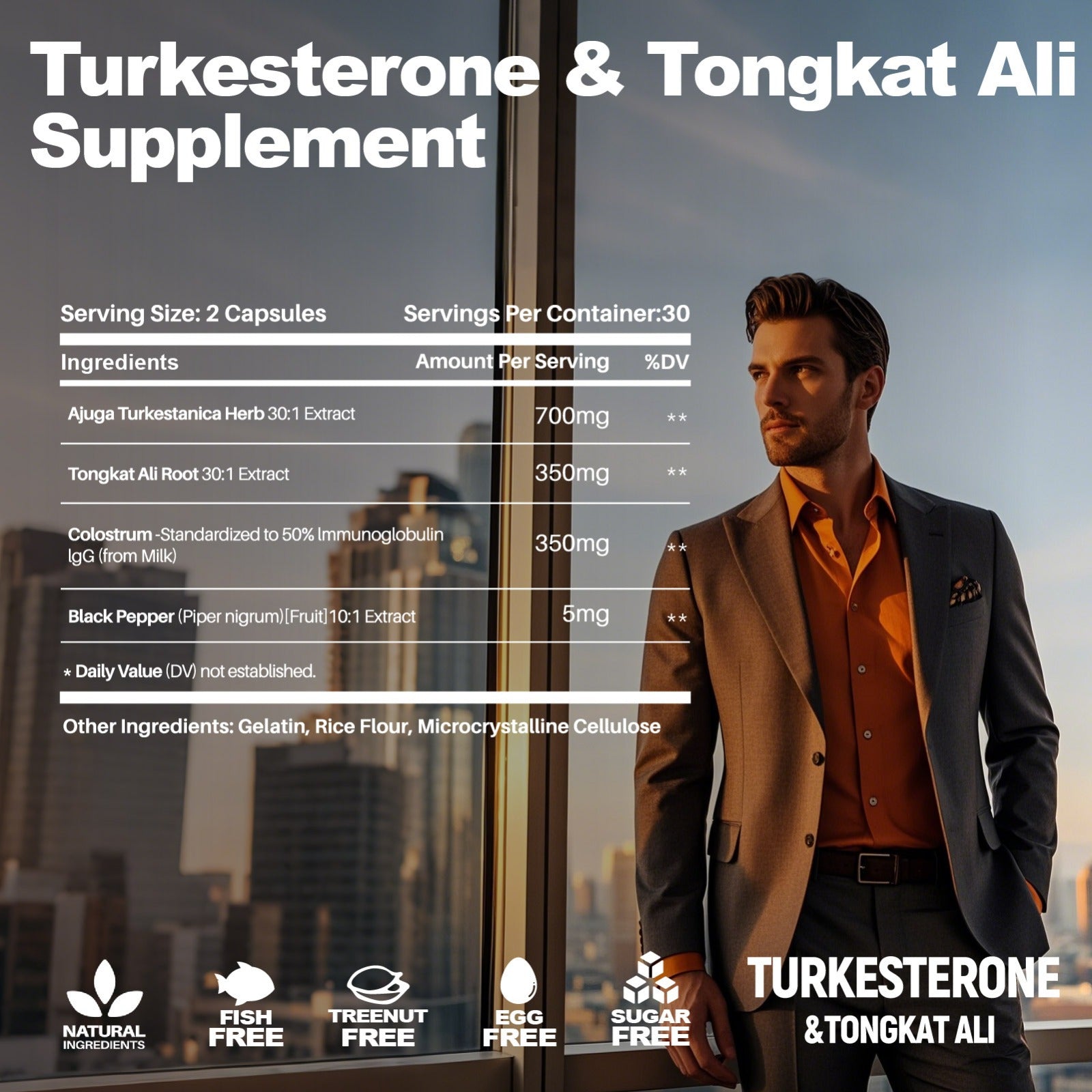 Turkesterone & Tongkat Ali supplement packaging with a man in a suit against a cityscape.