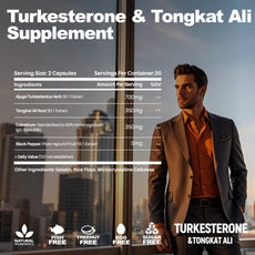 Turkesterone & Tongkat Ali supplement packaging with a man in a suit against a cityscape.