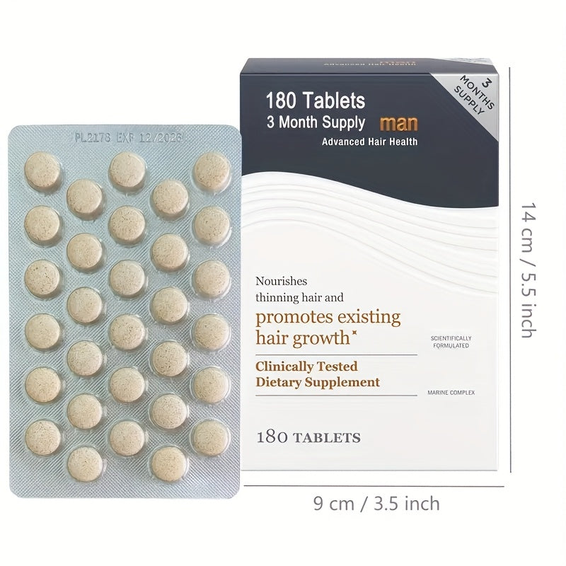 Supplement packaging for hair health with tablets and box on a white background