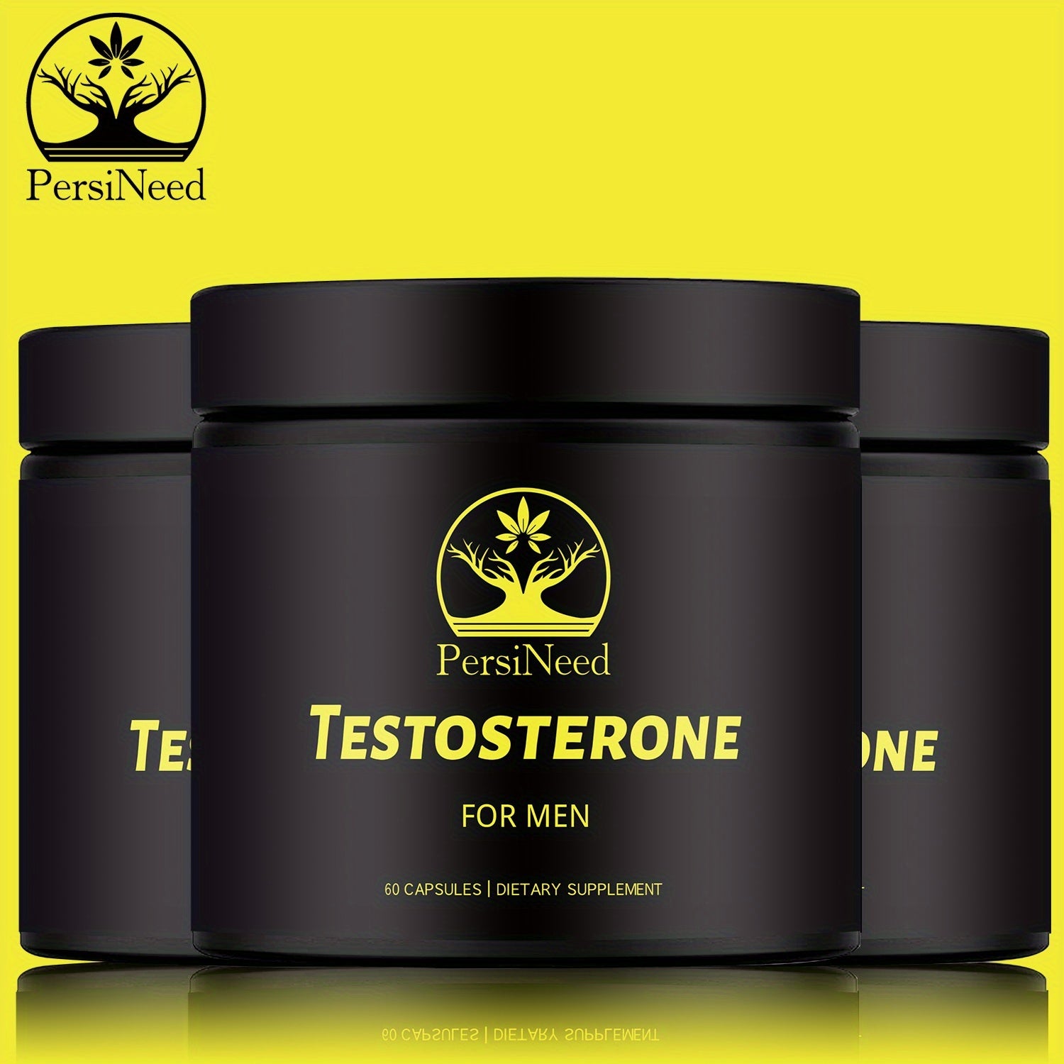 Black containers labeled 'Testosterone for Men' by PersiNeed on a yellow background