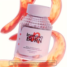 Supplement container labeled 'lemme BURN' with a fiery background