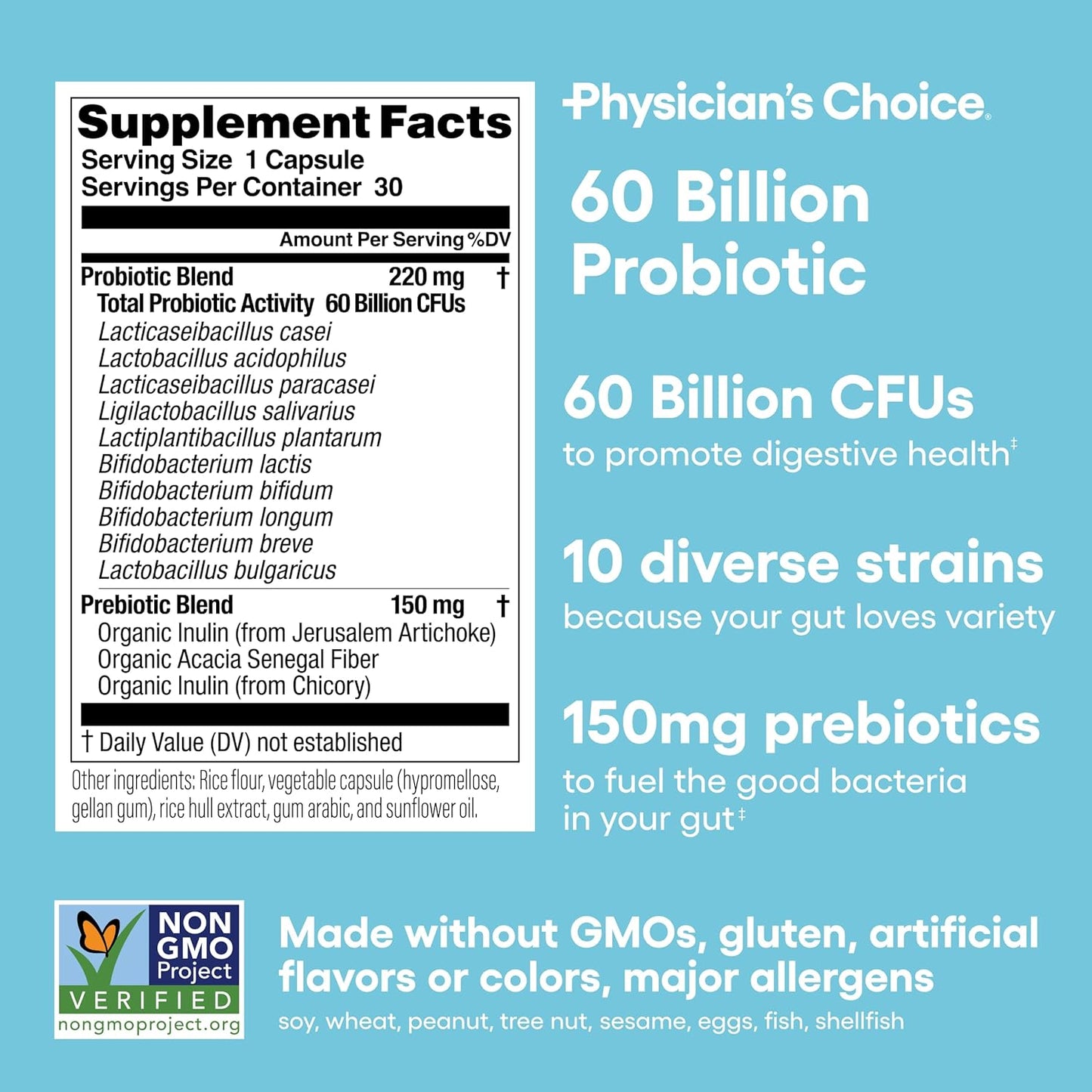 Physician's Choice Probiotics 60 Billion CFU - 10 Strains + Organic Prebiotics - Immune, Digestive & Gut Health - Supports Occasional Constipation, Diarrhea, Gas & Bloating - for Women & Men - 30ct