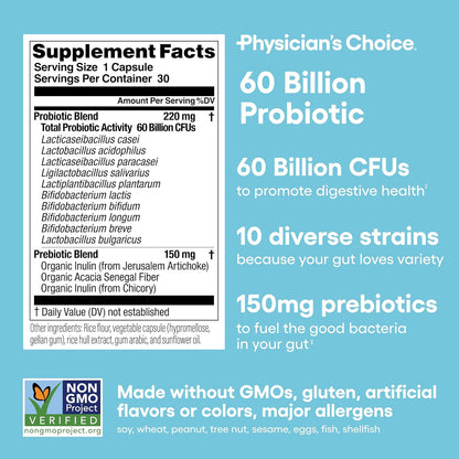 Physician's Choice Probiotics 60 Billion CFU - 10 Strains + Organic Prebiotics - Immune, Digestive & Gut Health - Supports Occasional Constipation, Diarrhea, Gas & Bloating - for Women & Men - 30ct