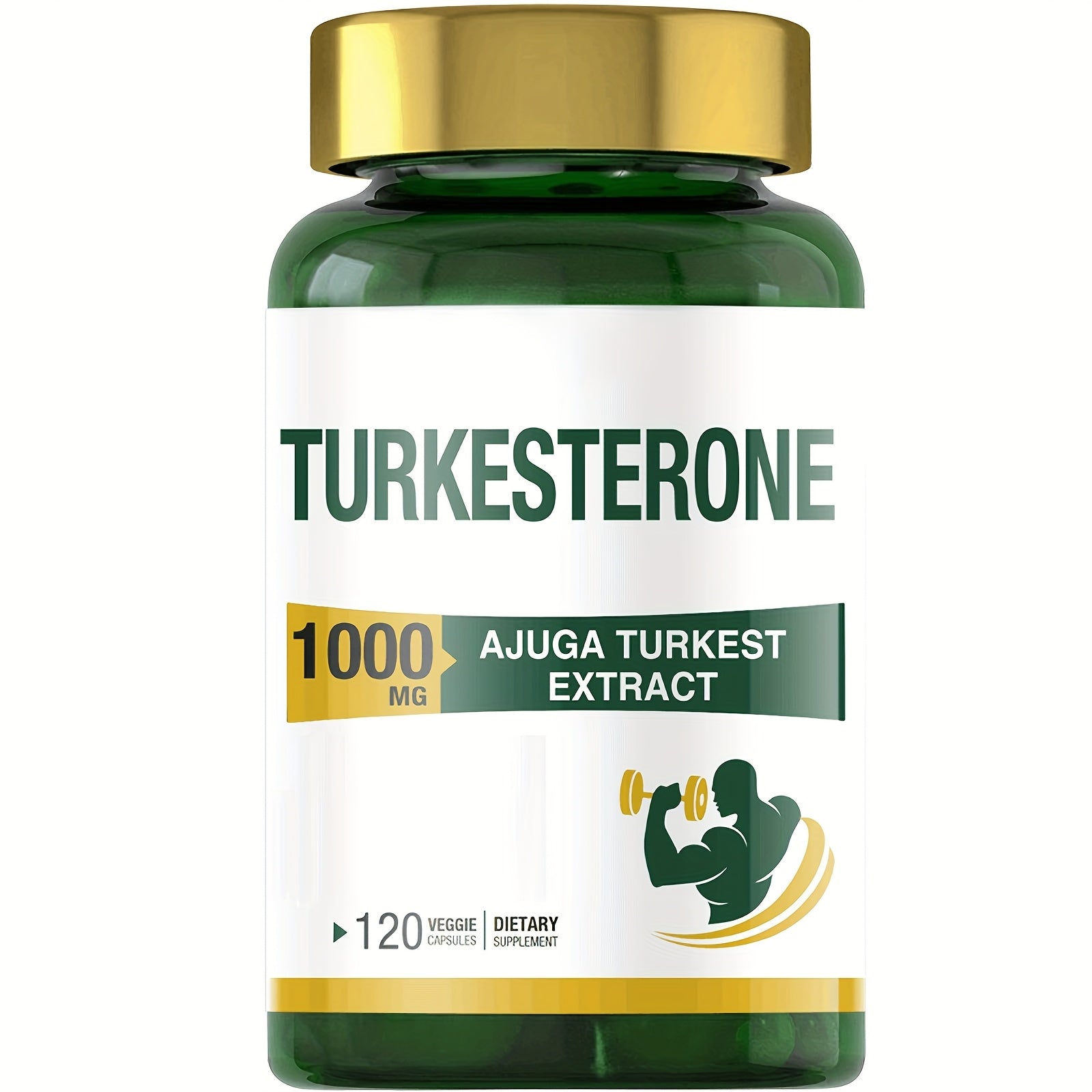 Turkesterone supplement bottle with gold cap and green label on a white background