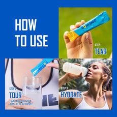 Instructions on how to use a water flavoring stick with text and images of a person using it.