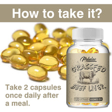 Supplement bottle labeled 'Grassfed Beef Liver' with capsules on a light background