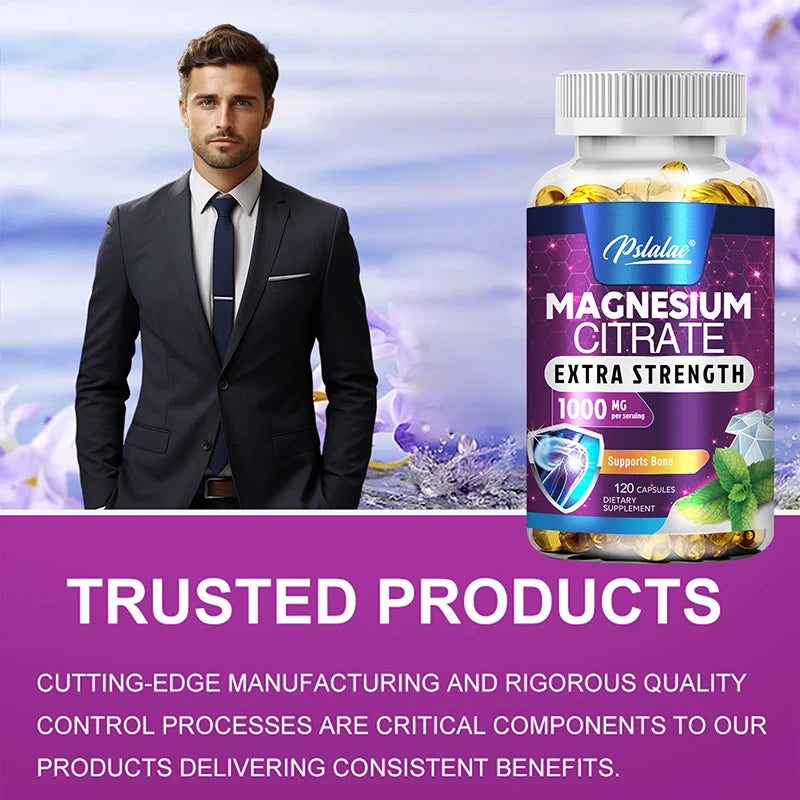 Man in a suit next to a bottle of Psalter Magnesium Citrate Extra Strength supplement with a purple background.