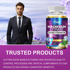 Man in a suit next to a bottle of Psalter Magnesium Citrate Extra Strength supplement with a purple background.