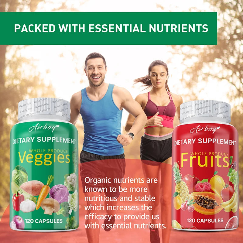 Two people exercising outdoors with Airboy dietary supplement bottles labeled 'Veggies' and 'Fruits'.