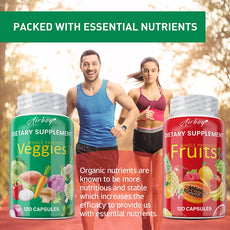 Two people exercising outdoors with Airboy dietary supplement bottles labeled 'Veggies' and 'Fruits'.