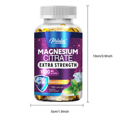 Bottle of Psalae Magnesium Citrate Extra Strength supplement with label and dimensions on a white background