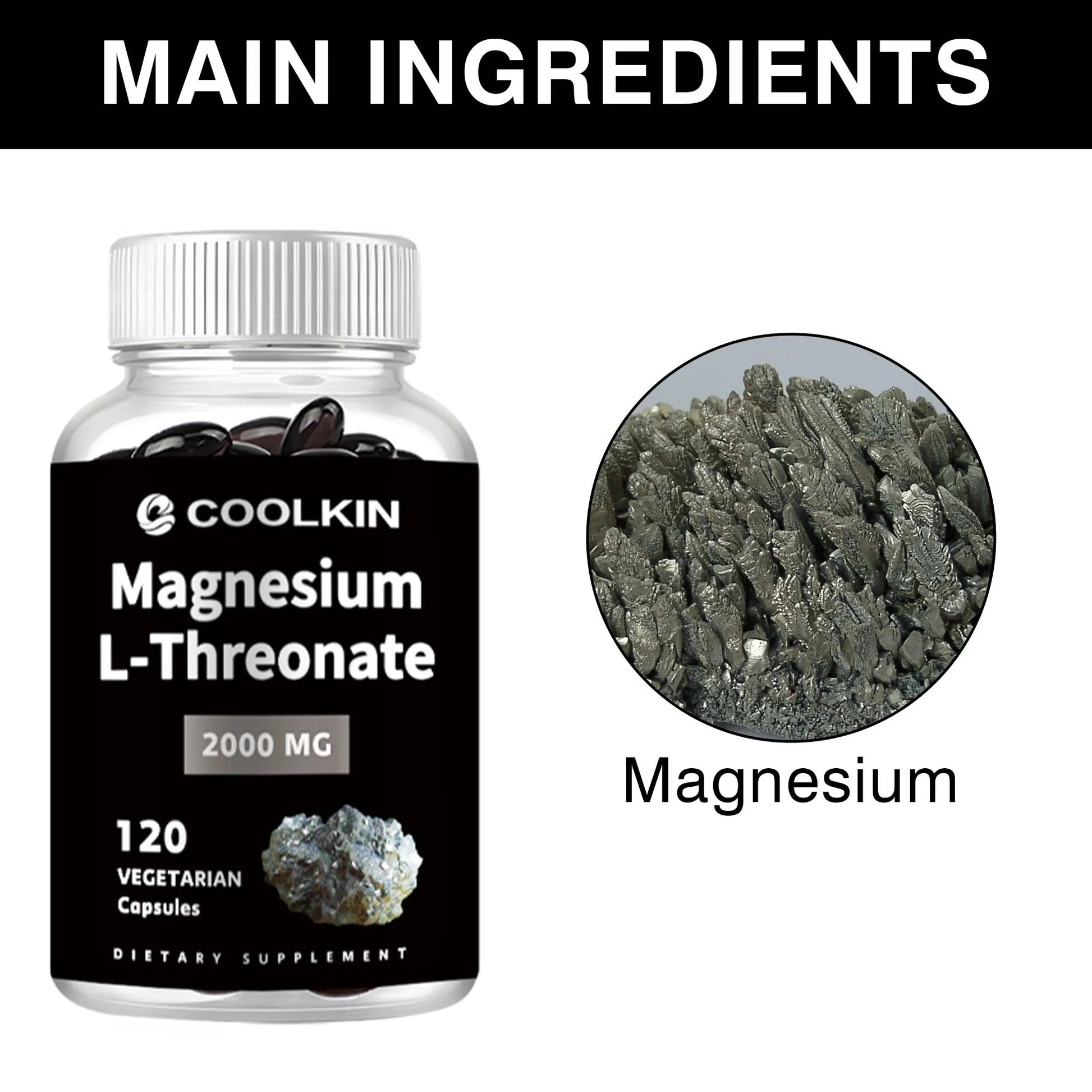 Coolkin Magnesium L-Threonate supplement bottle with close-up of magnesium crystals.