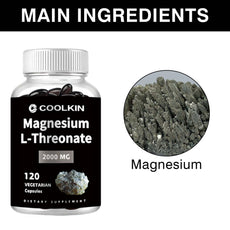 Coolkin Magnesium L-Threonate supplement bottle with close-up of magnesium crystals.