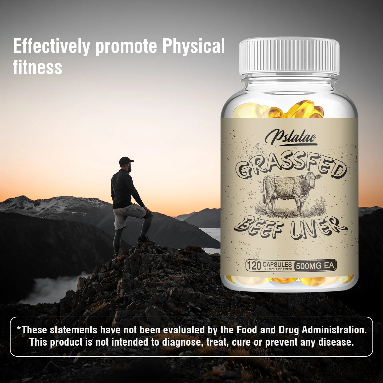 Bottle of grassfed beef liver capsules with a mountainous background