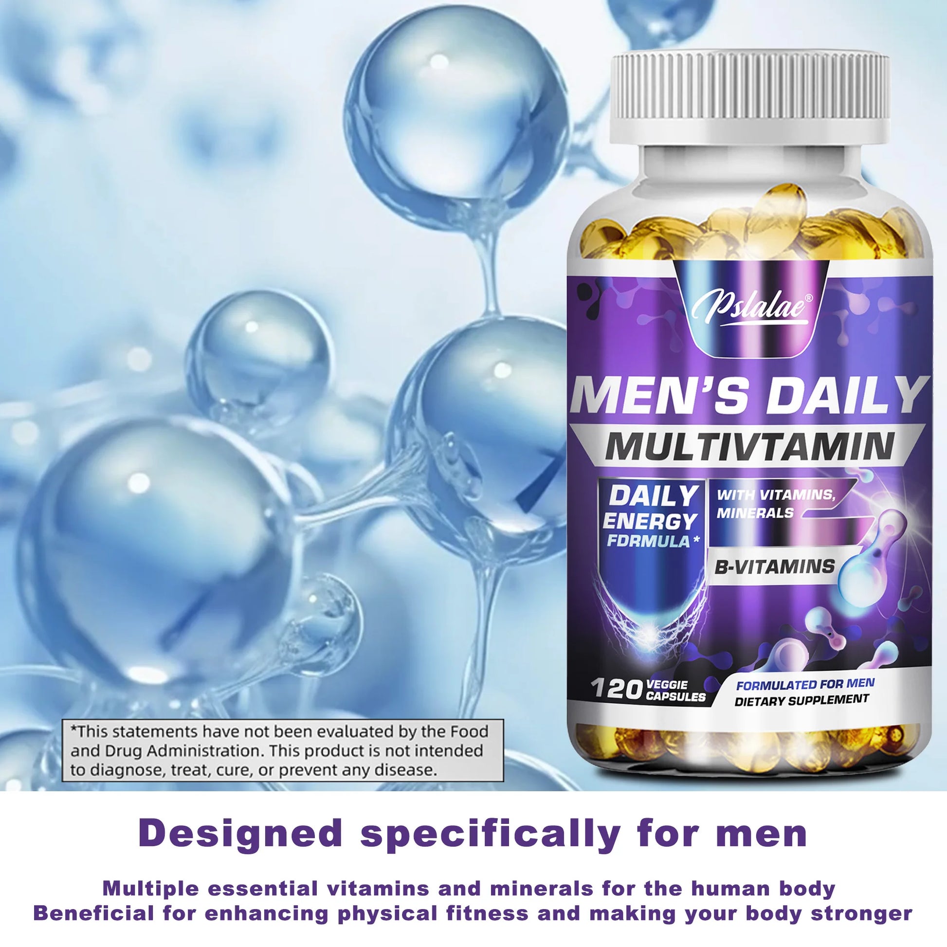 Men's Daily Multivitamin bottle with blue bubbles in the background