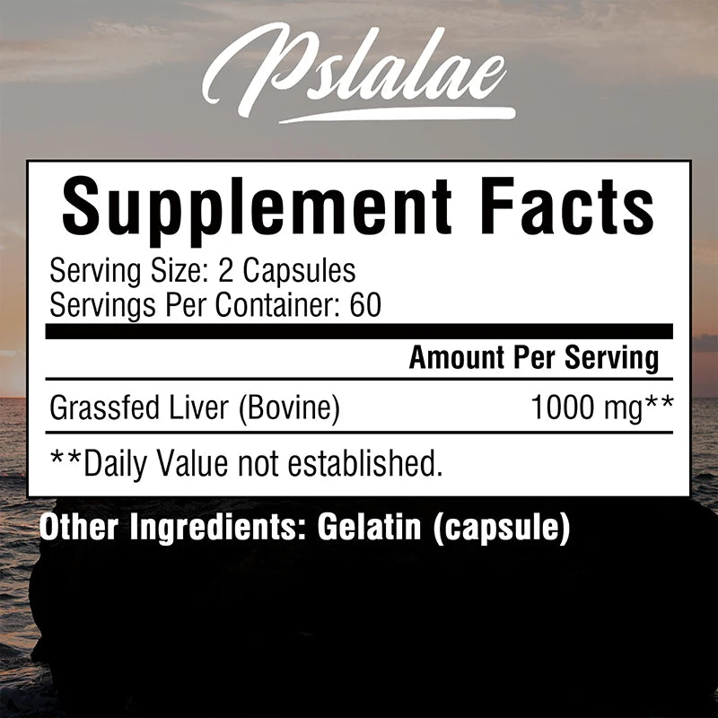 Supplement facts label for Psalae grassfed liver capsules with a scenic background.