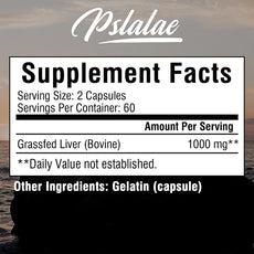 Supplement facts label for Psalae grassfed liver capsules with a scenic background.