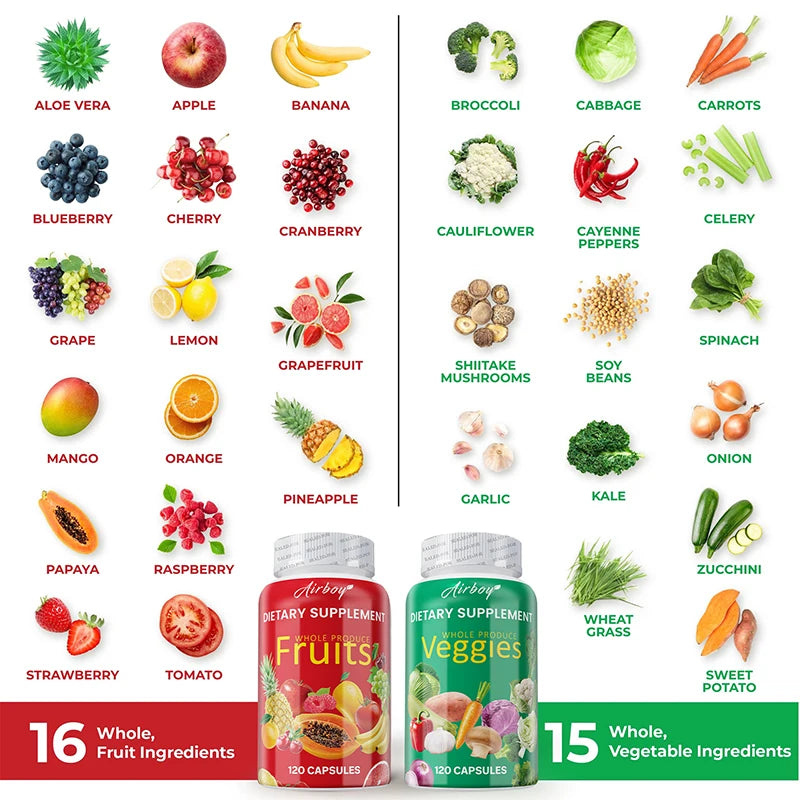 Supplement containers labeled 'Fruits' and 'Veggies' with corresponding fruit and vegetable icons on a white background.
