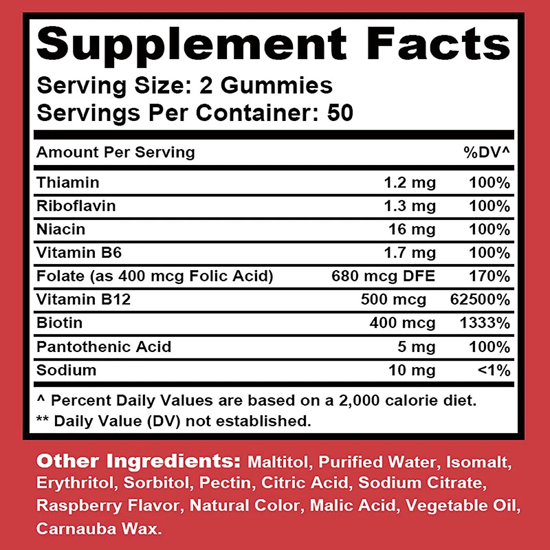 Supplement facts label for gummy vitamins on a red background