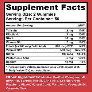 Vitamin B Complex Gummies | Biotin, B12, Folate & Niacin | Energy, Digestion, Stress & Mood Support – 100 Gummies | Vegan, USA-Made