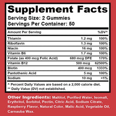 Supplement facts label for gummy vitamins on a red background