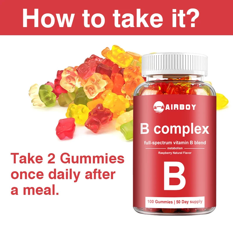B complex gummy vitamins with a bottle labeled 'Airboy B complex' on a white background.