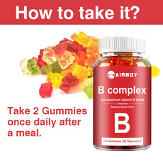 B complex gummy vitamins with a bottle labeled 'Airboy B complex' on a white background.