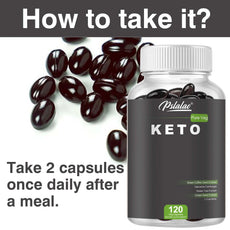 Keto supplement bottle with capsules and text on how to take it