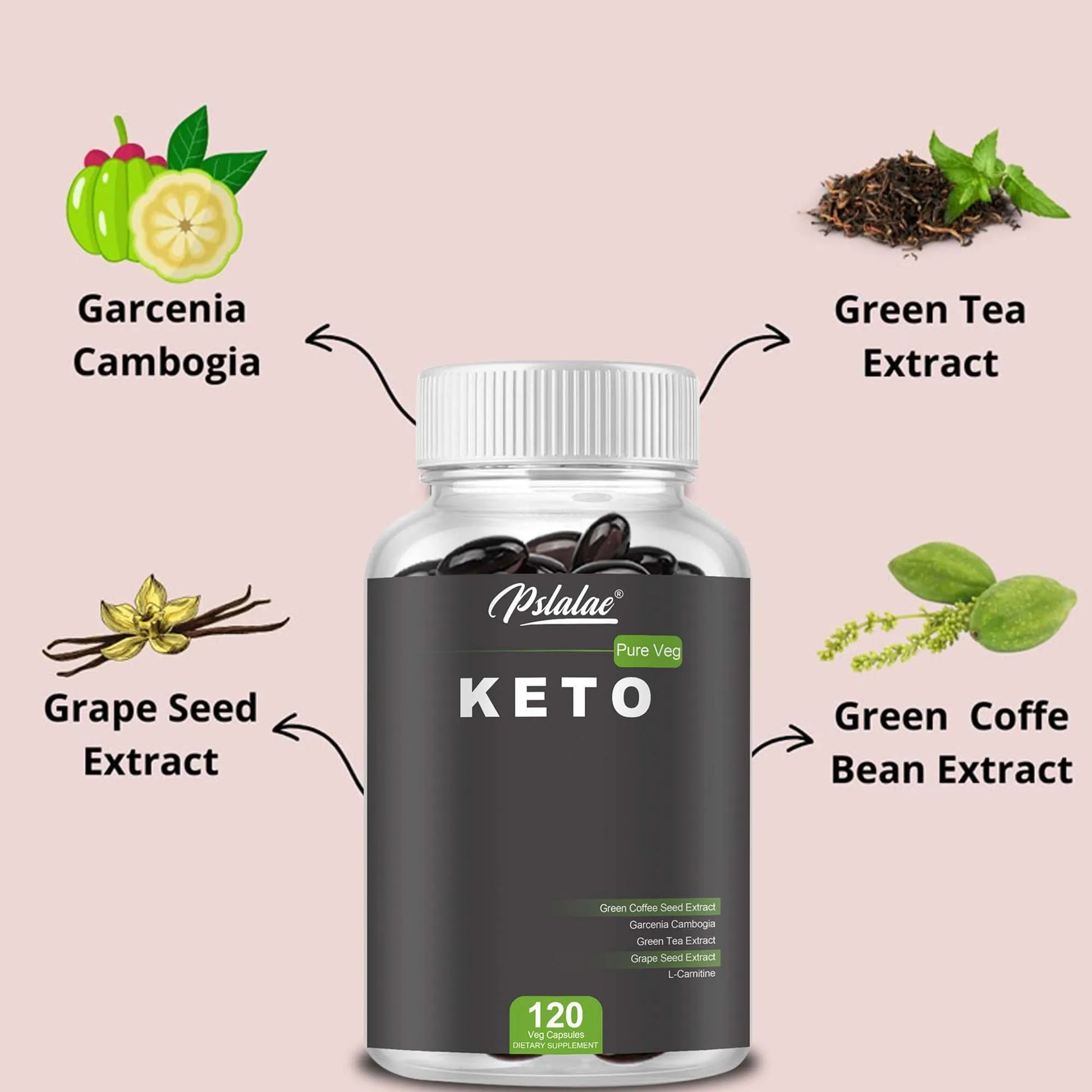 Keto supplement bottle with ingredients labeled on a light pink background