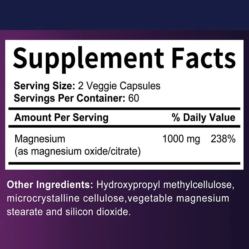 Supplement facts label with magnesium content on a purple background