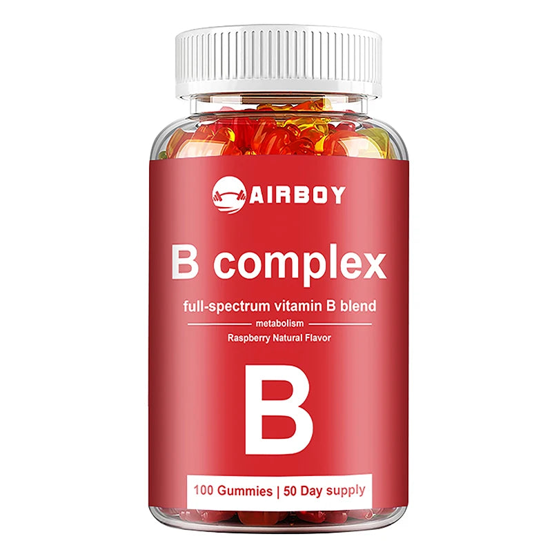 B complex vitamins bottle with red label and white cap on a white background