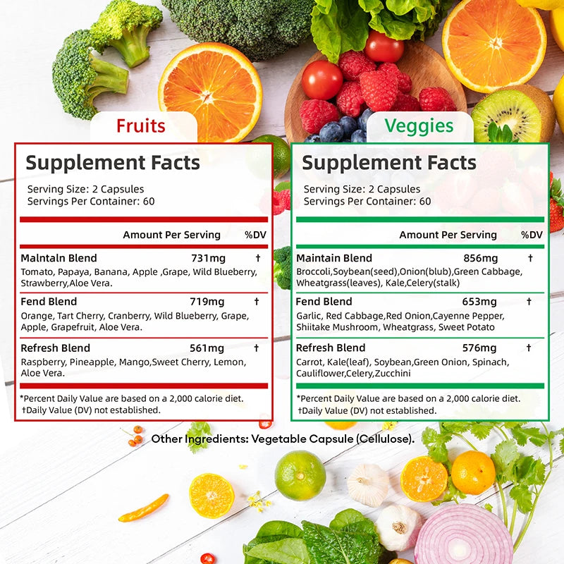 Supplement facts label with fruits and vegetables on a white background