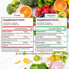 Supplement facts label with fruits and vegetables on a white background