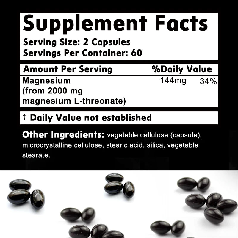 Supplement facts label with black capsules on a white background
