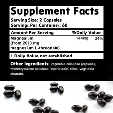 Supplement facts label with black capsules on a white background
