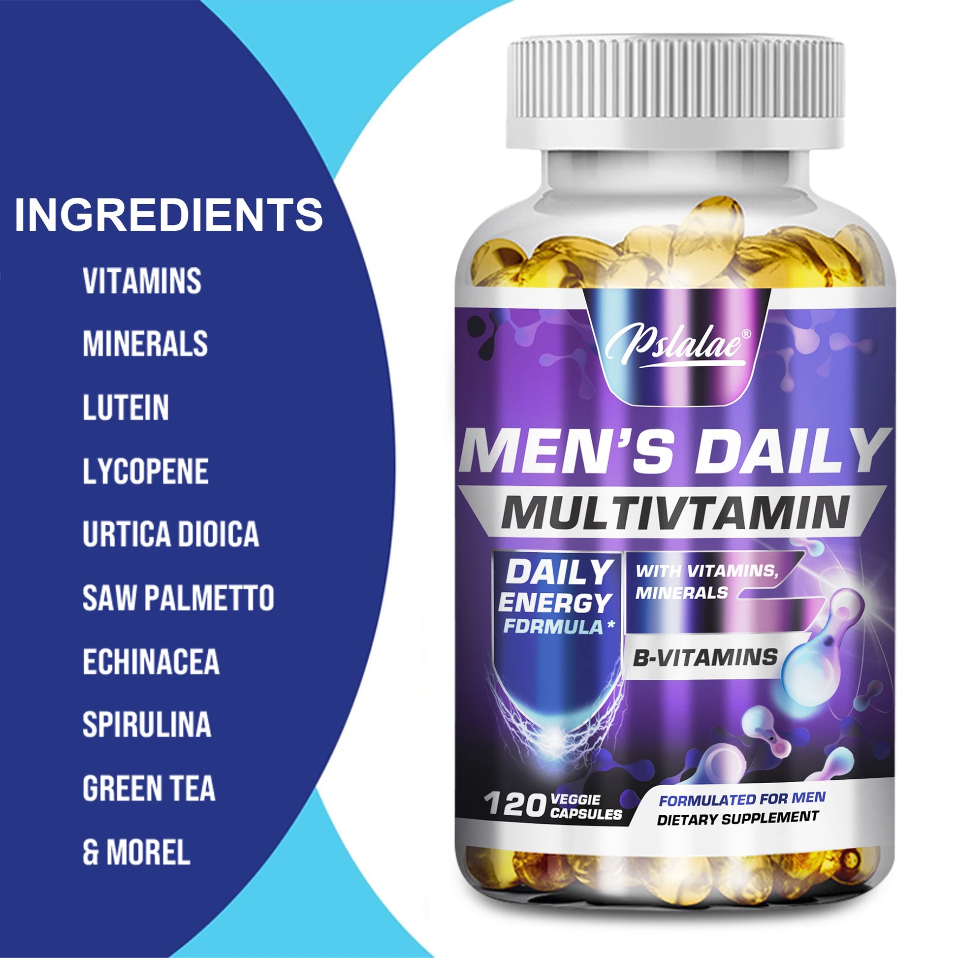 Men's Daily Multivitamin bottle with ingredients listed on a blue and white background