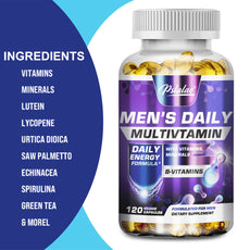 Men's Daily Multivitamin bottle with ingredients listed on a blue and white background