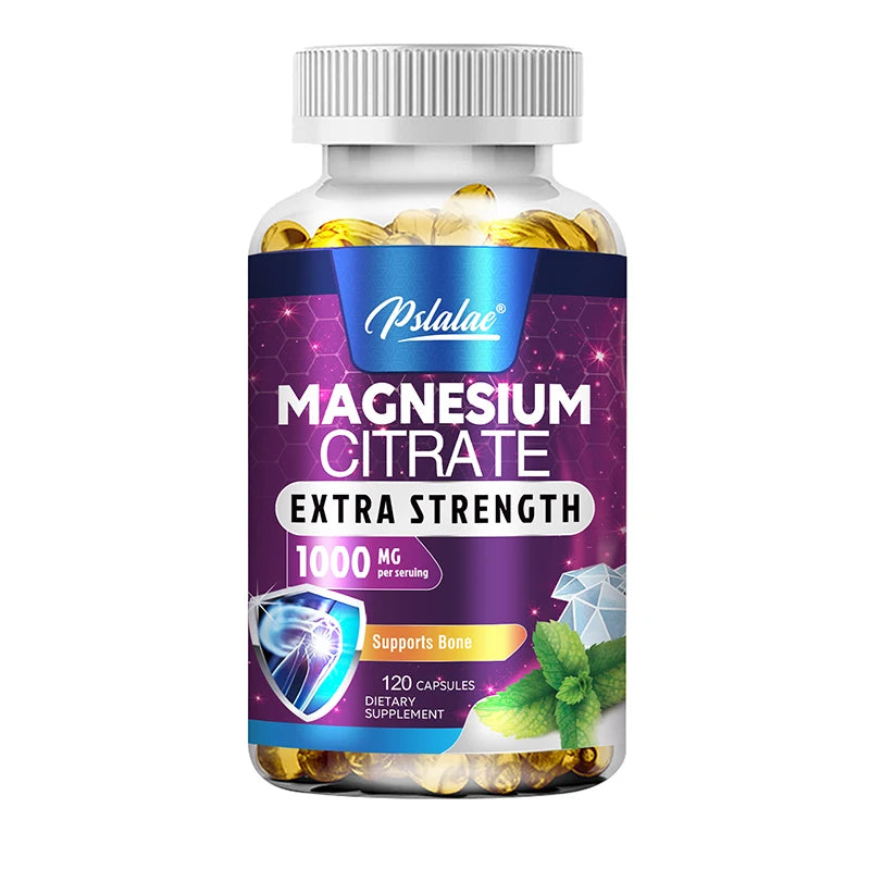 Bottle of Psalada Magnesium Citrate Extra Strength supplement on a white background
