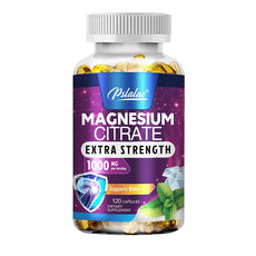 Bottle of Psalada Magnesium Citrate Extra Strength supplement on a white background