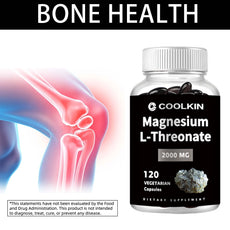 Bottle of Coolkin Magnesium L-Threonate supplement with bone health illustration on a white background