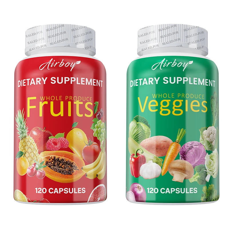 Two dietary supplement bottles labeled 'Fruits' and 'Veggies' with colorful graphics on a white background.