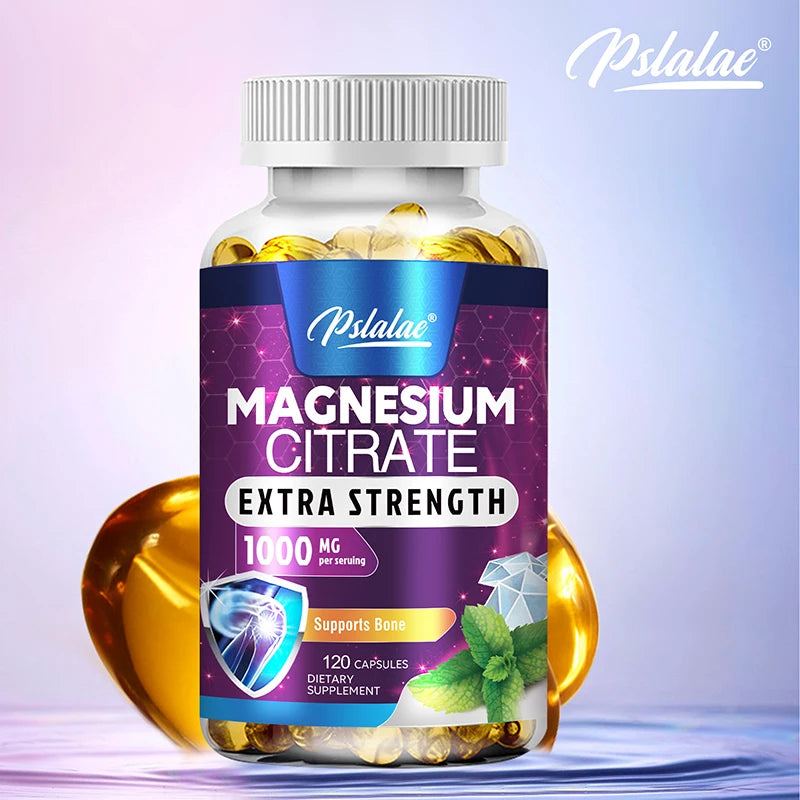 Bottle of Pslalae Magnesium Citrate Extra Strength supplement on a gradient background